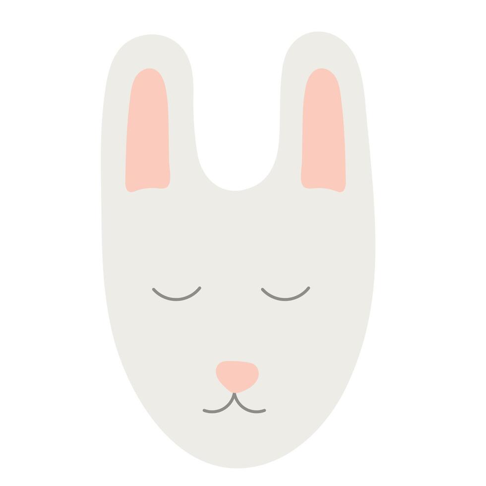 Minimalist cartoon bunny face illustration with soft pastel colors, featuring a cute sleep rabbit with pink ears, ideal for kids' designs, nursery decor, prints, and Easter-themed projects. vector