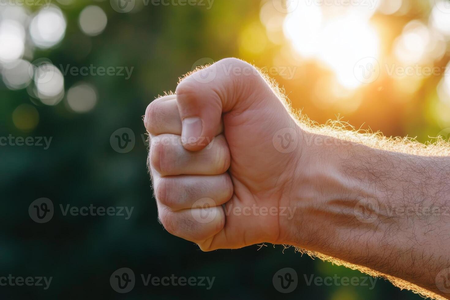 Hand clenched in a fist against a backdrop of sunlight filtering through trees during a warm afternoon photo
