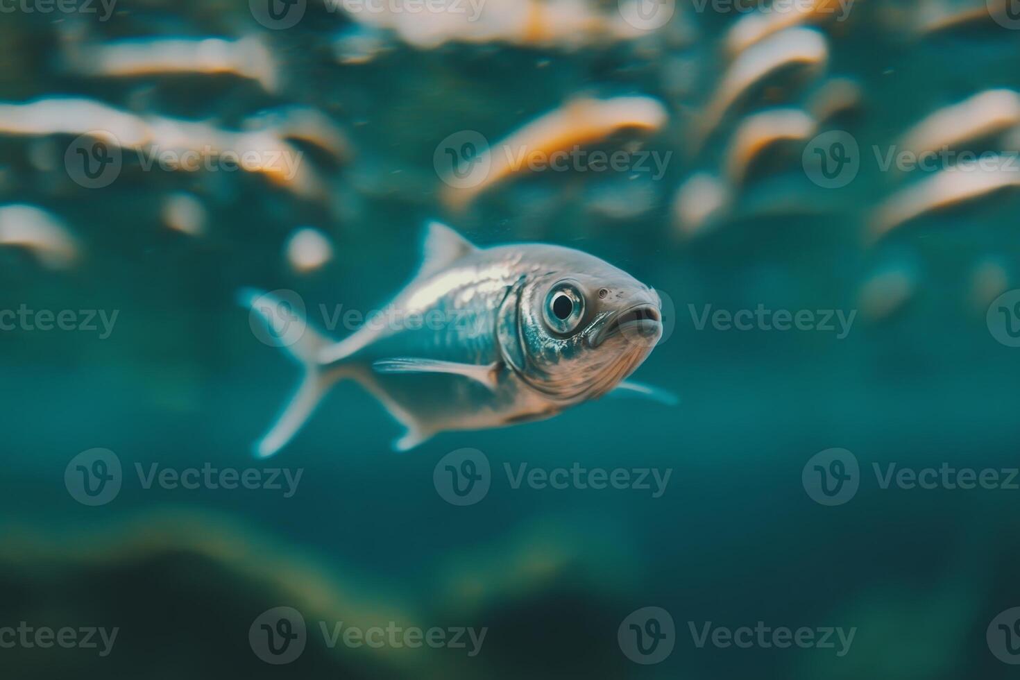 Silver fish swims gracefully in clear water among a school of smaller fish in a serene underwater environment photo