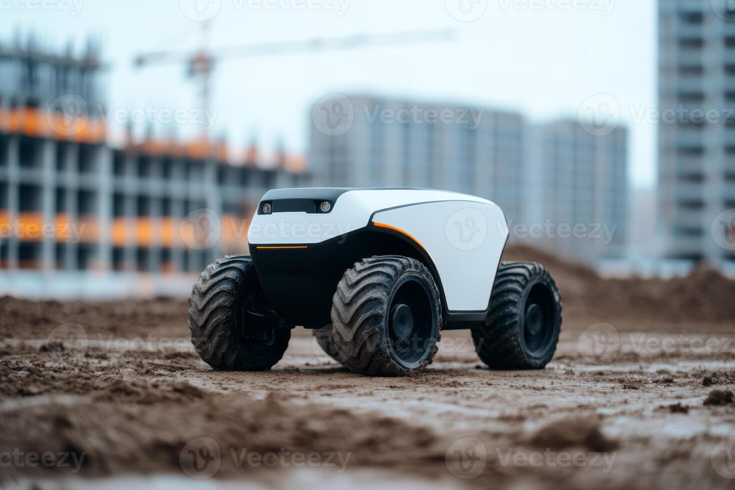 Robot vehicle operates on construction site with futuristic design and rugged tires photo