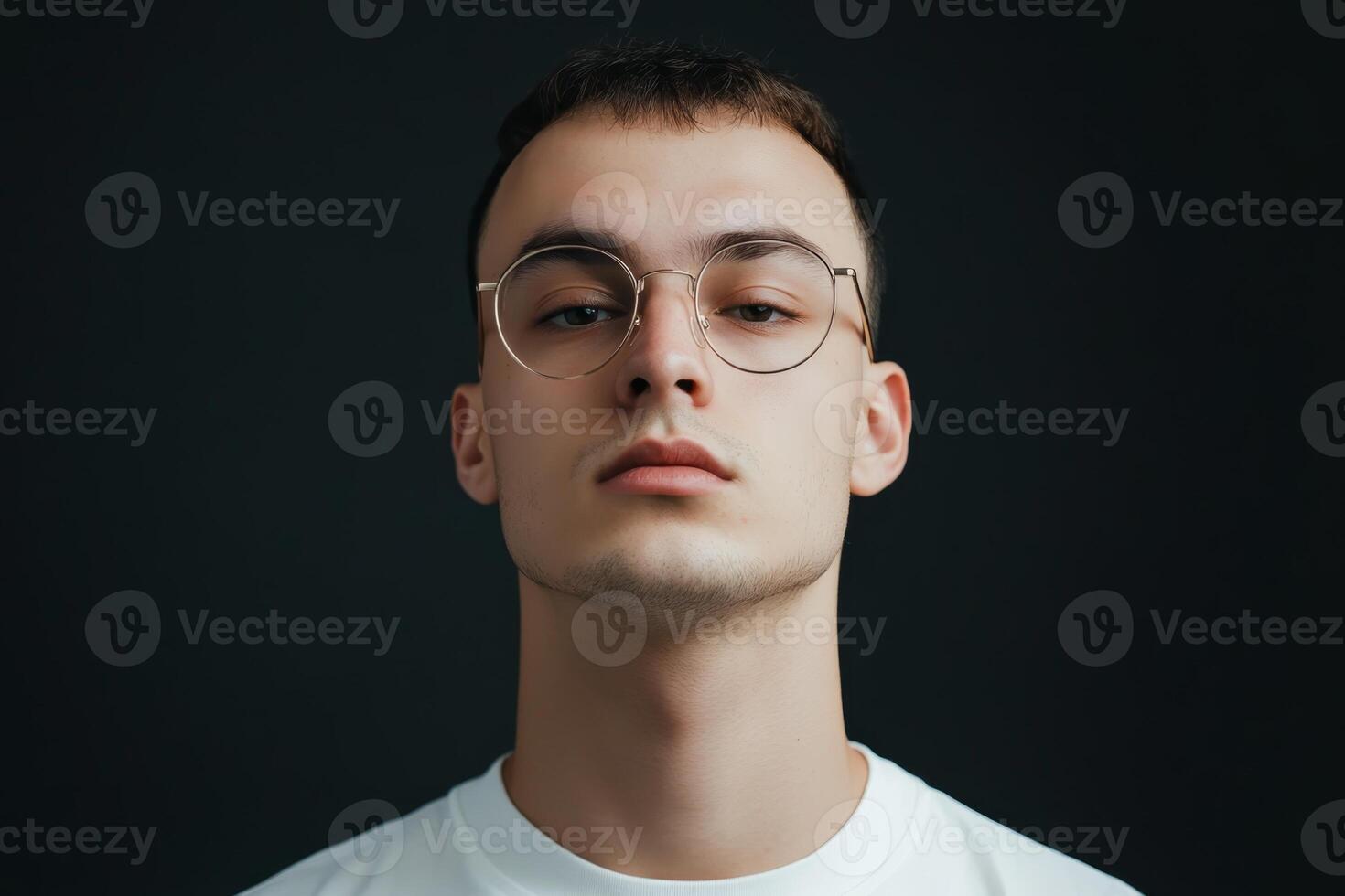 Young man with glasses poses against a dark background showcasing a confident expression during a fashion shoot photo