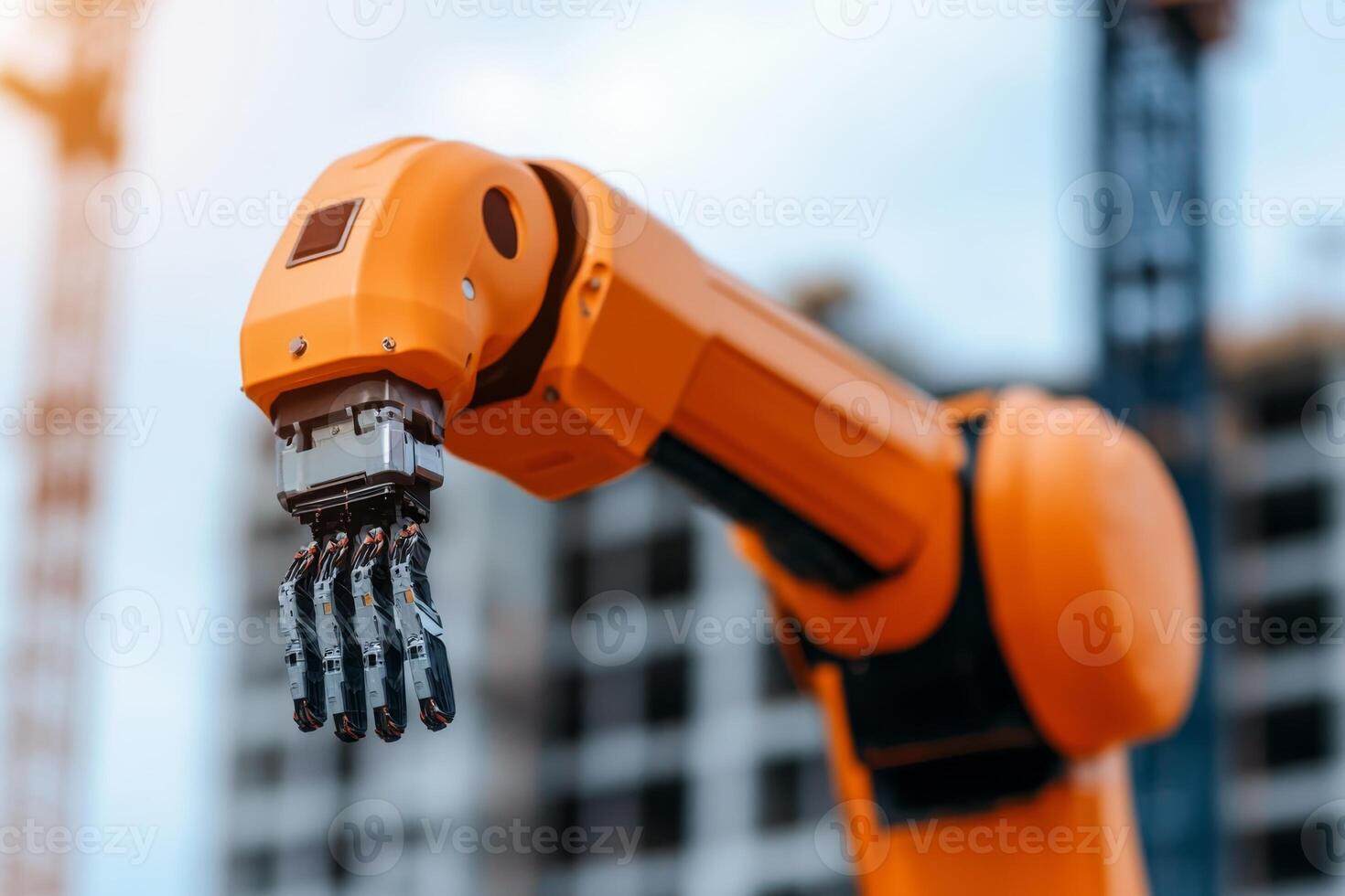 A bright orange robotic arm with a sophisticated gripper is actively engaged in tasks at a construction site. Scaffolding and structures rise in the background under clear sky. photo