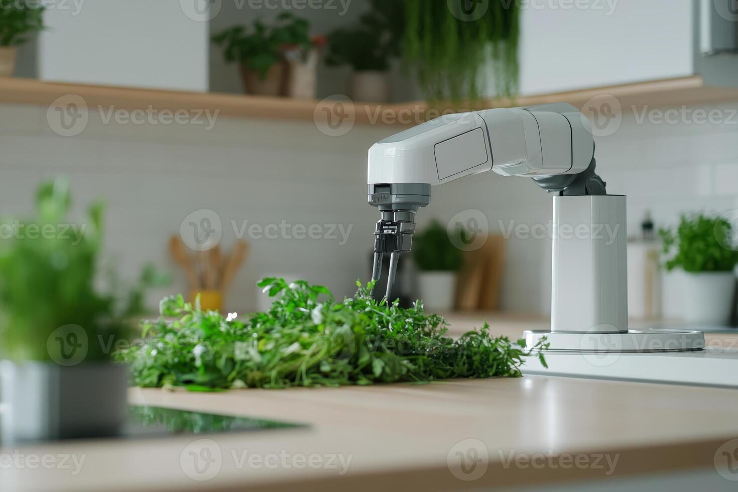 Smart kitchen robot tending to a herb garden in a modern home setting around midday photo
