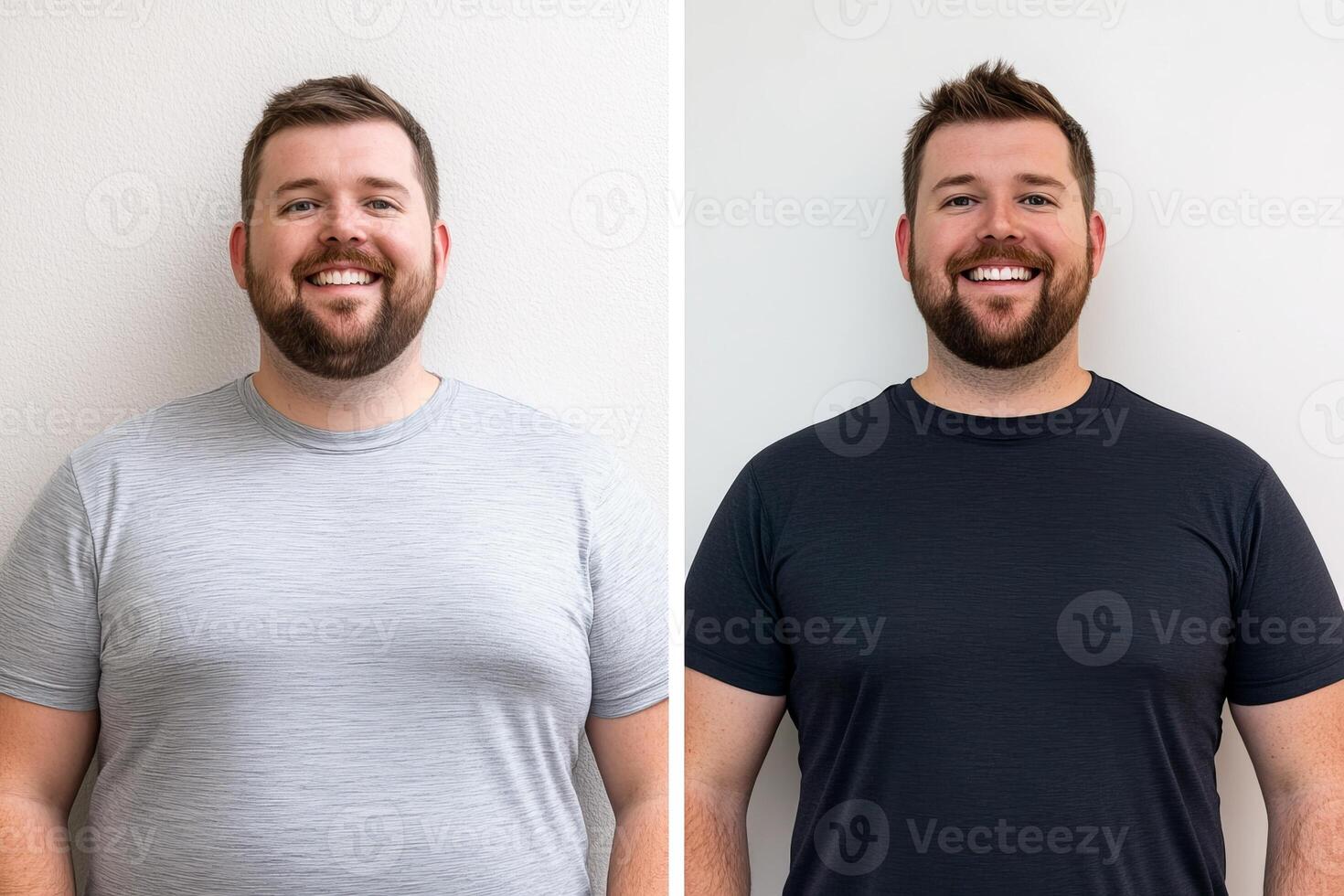 Man showcases impressive weight loss transformation with clear smile, standing against a neutral background photo