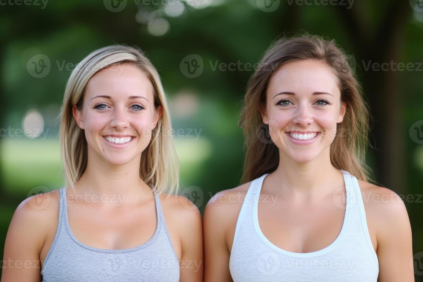 Two women smiling happily together outdoors in casual workout attire on a sunny day photo