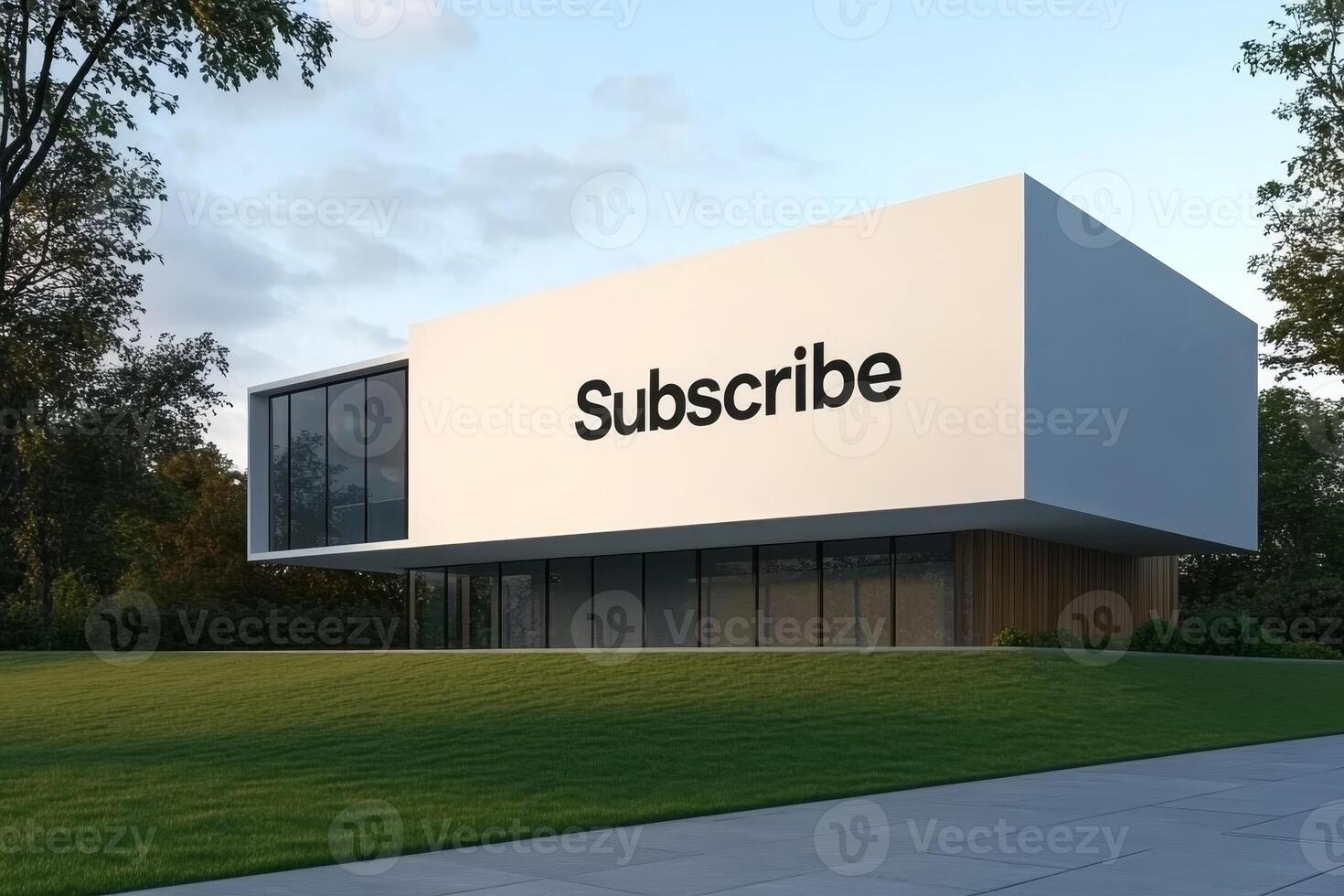 Modern building with large subscribe sign surrounded by green grass and trees in the evening light, Real estate by subscription photo