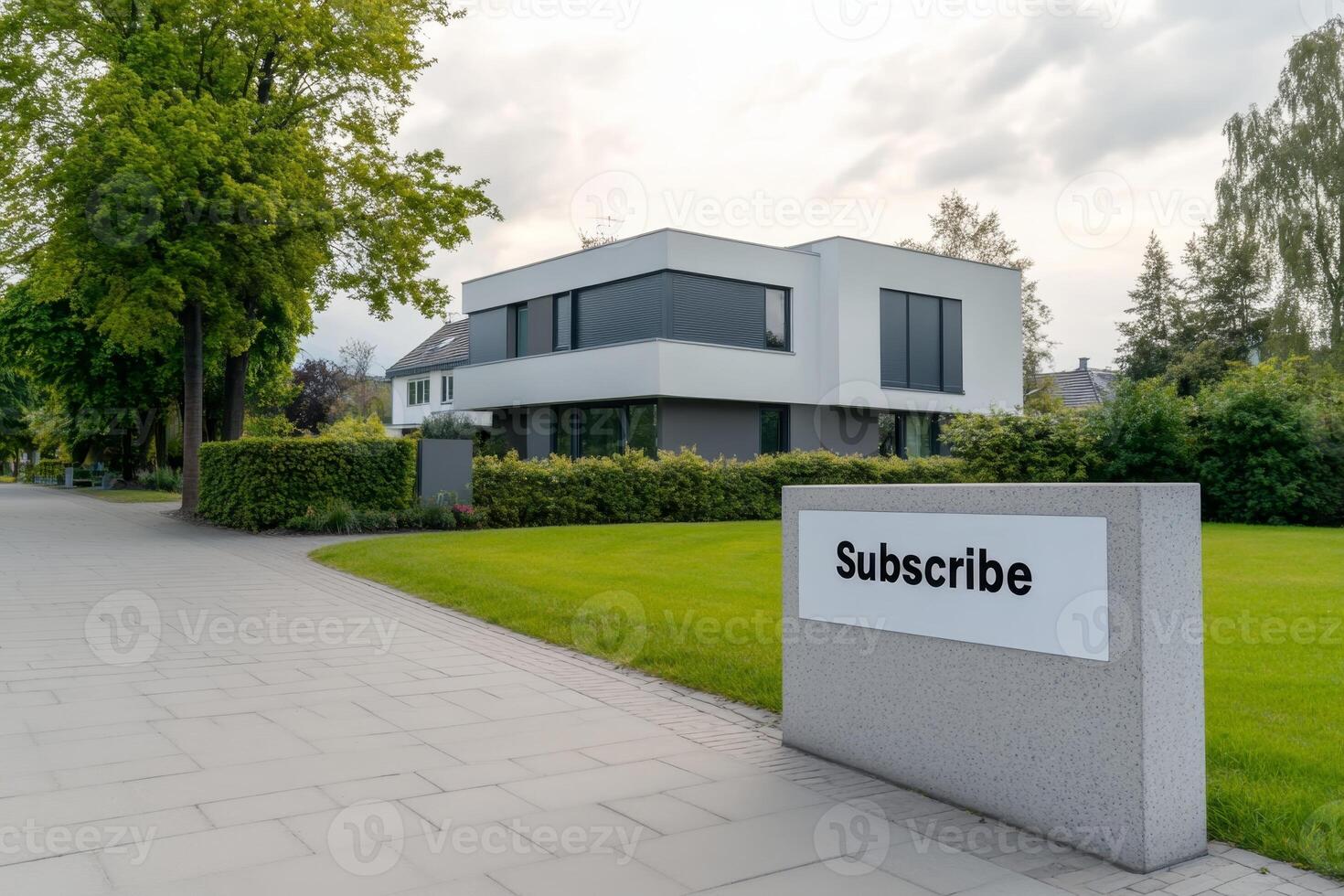 Modern architecture of a sleek house with a unique landscaping design and a stone sign inviting visitors, Real estate by subscription photo