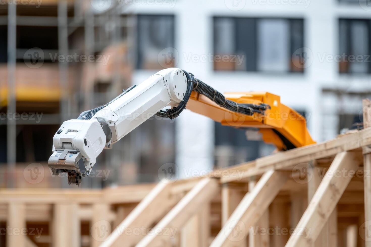 Construction robot arm working on building site in urban environment during daytime photo