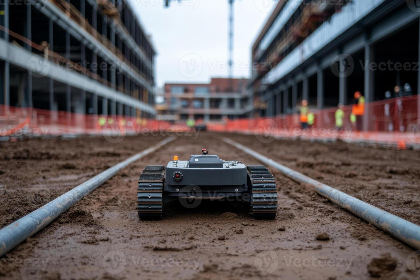 Construction site robot operates on dirt tracks while workers oversee progress photo