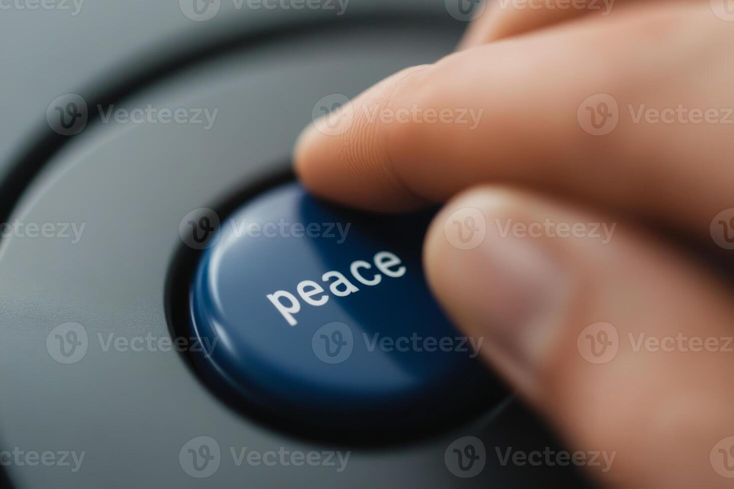 Hand pressing a blue button labeled peace with a focus on communication and harmony photo