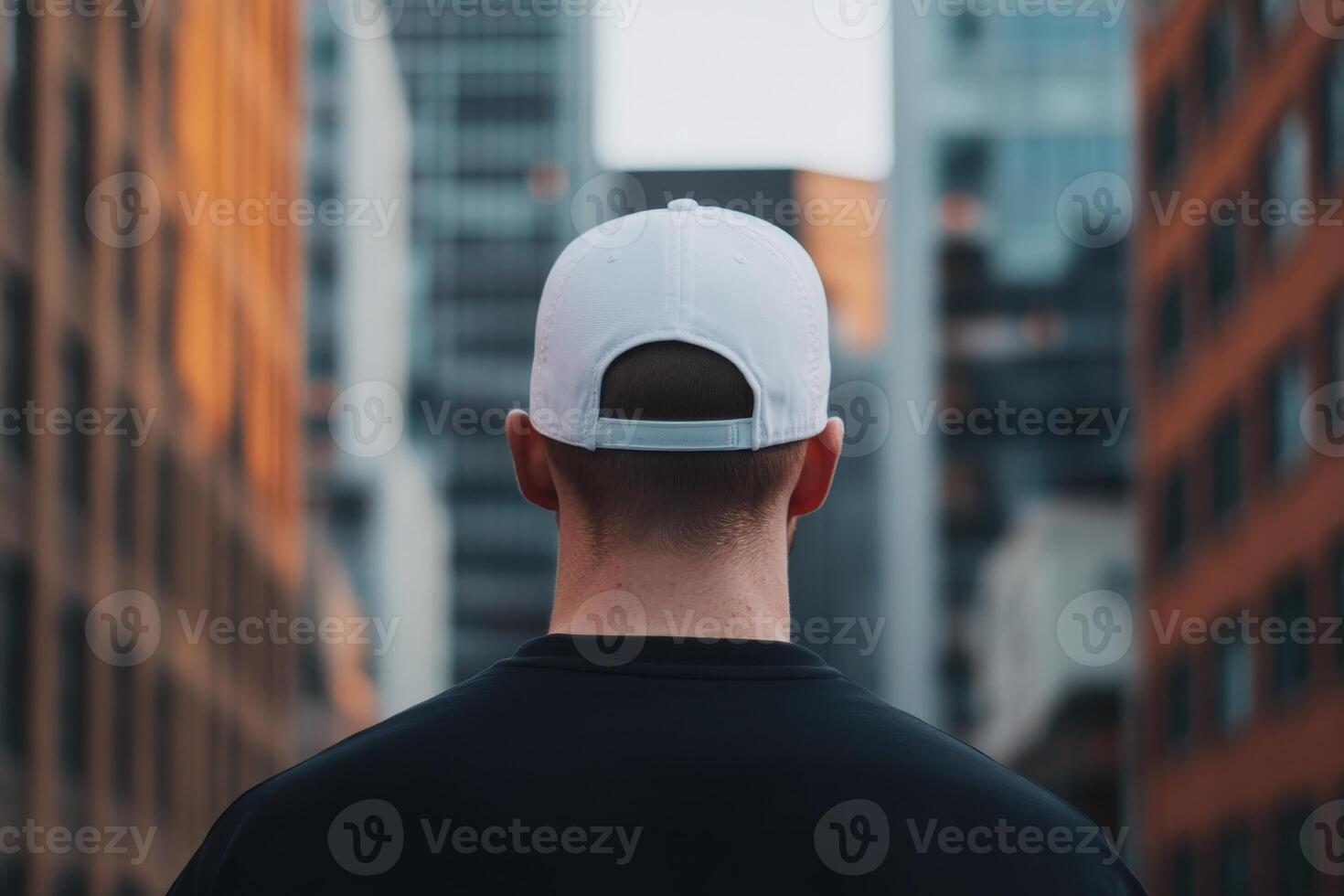 Individual wearing a white cap stands in an urban setting surrounded by tall buildings at sunset photo