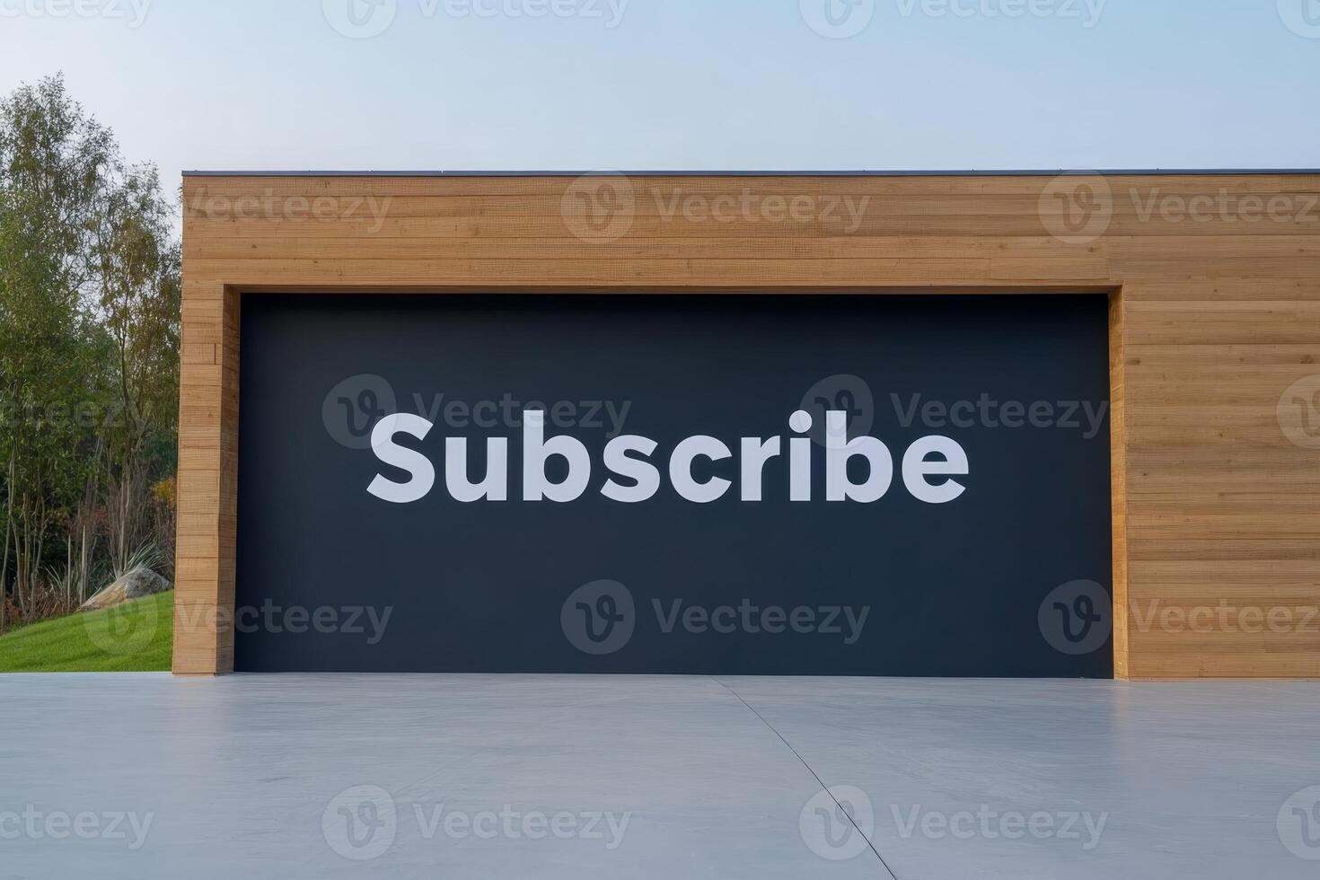 Large subscribe mural on modern building exterior in an urban setting during daytime. Rent the future, garage for a subscription. photo