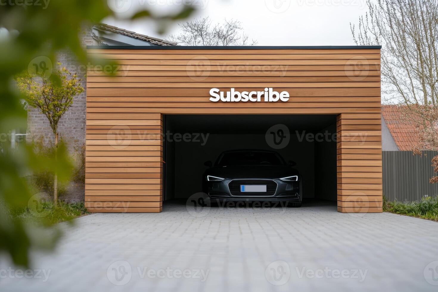 Modern garage with a sleek car parked inside and a subscribe sign above the door in a suburban neighborhood. Rent the future, garage for a subscription. photo