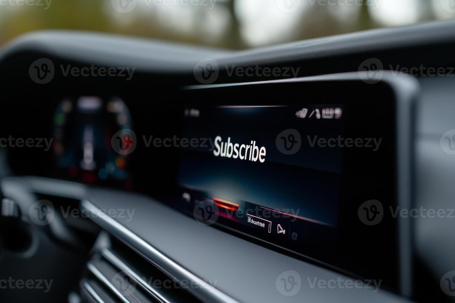 Display screen in a modern car shows subscribe notification while driving on a sunny day photo