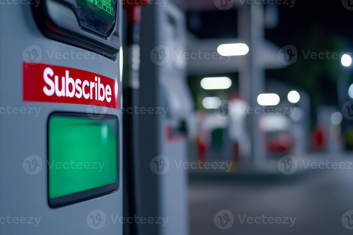 Nighttime view of a gas station pump with a subscribe prompt illuminated in green and red light photo