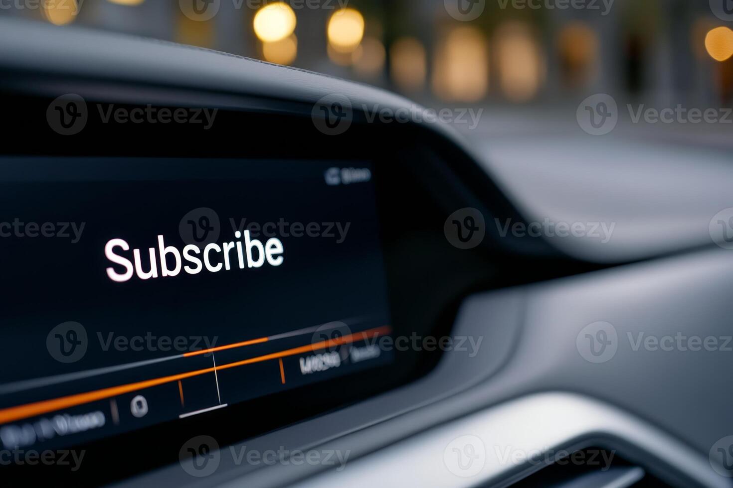 A close-up view of a dashboard in a modern vehicle highlights the prominent subscribe button in a sleek interface as evening lights softly illuminate the background photo