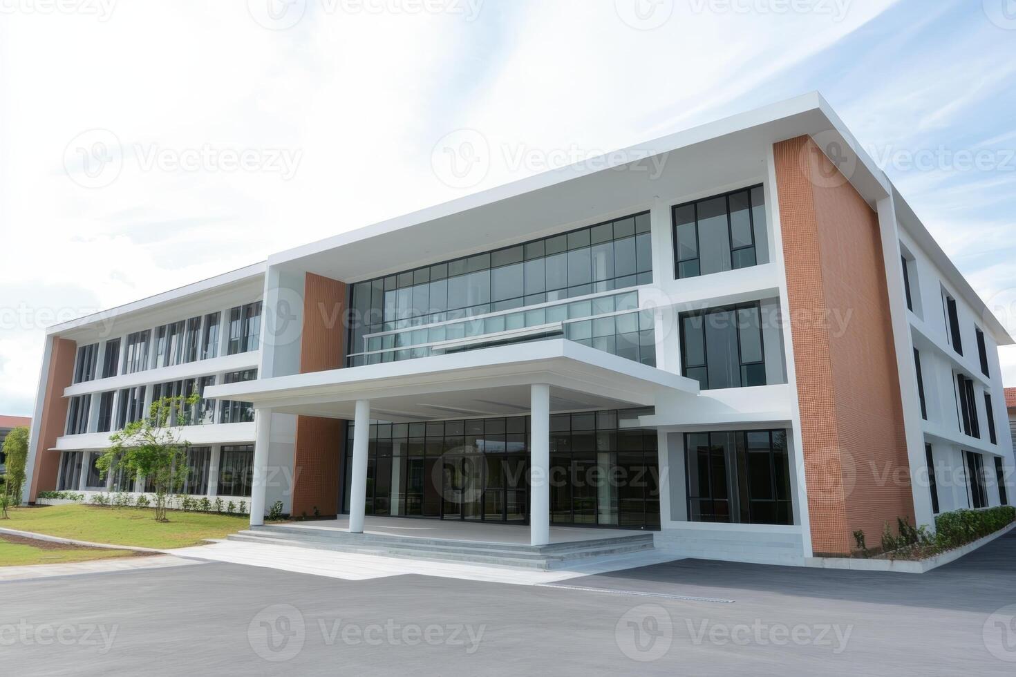 Modern educational building showcasing sleek architecture on a sunny day photo