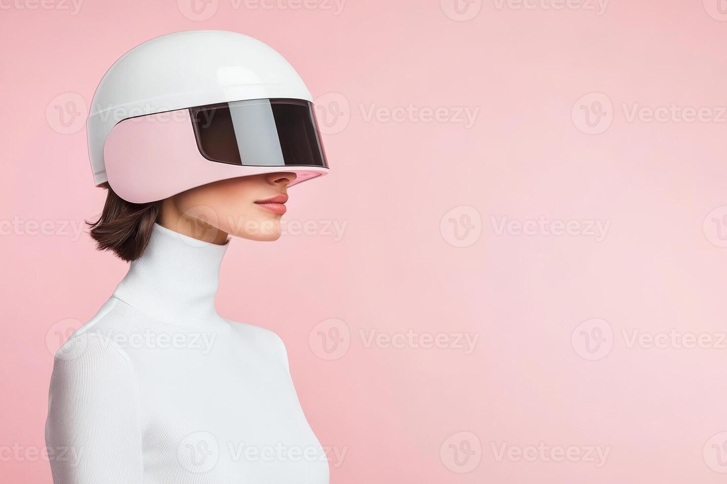 Innovative fashion headgear highlighted against a pastel pink background showcasing modern design and technology on a model photo