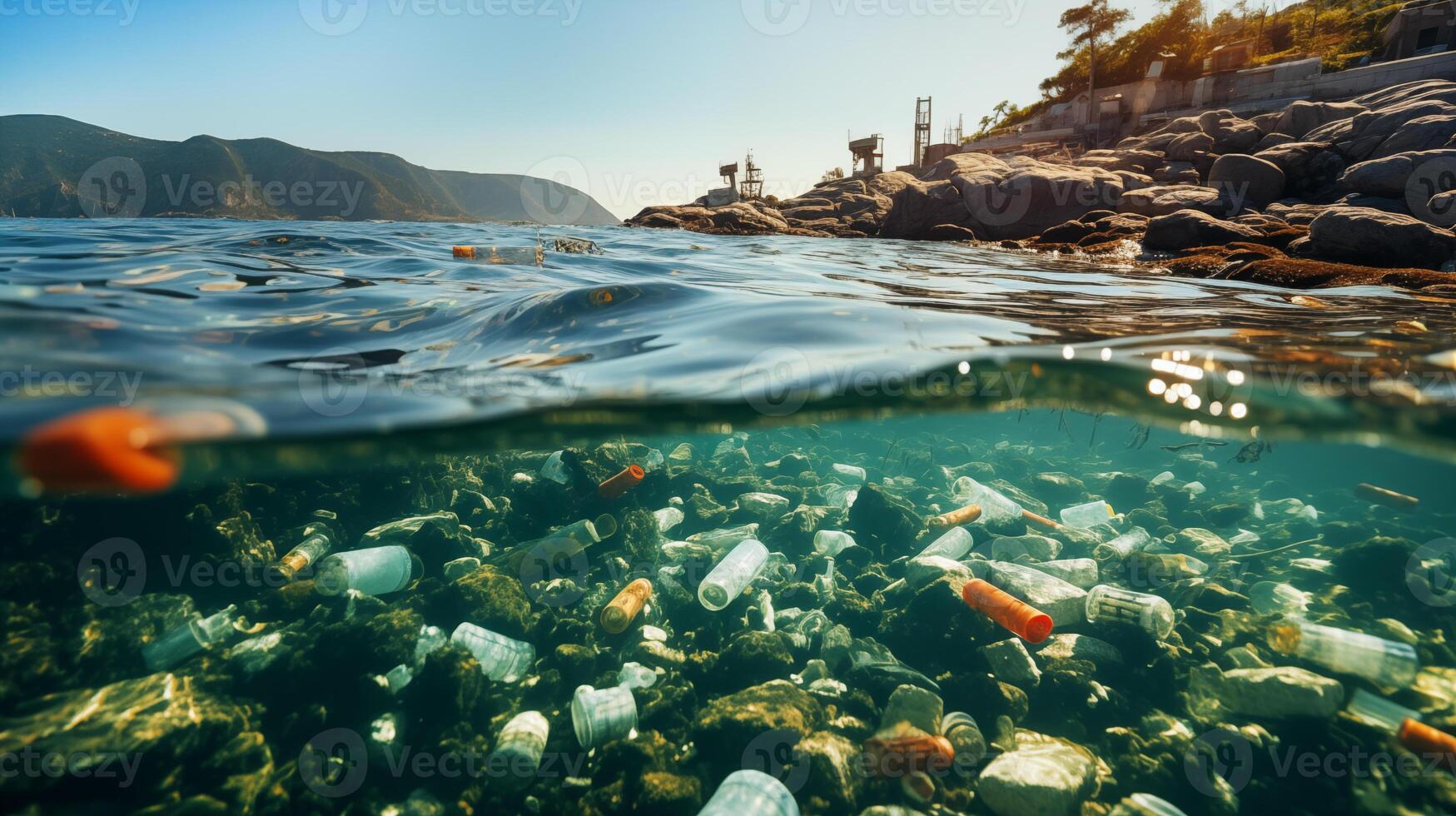 close up of the coastline with a view above and below the water, the bottom is littered with garbage during the daytime in summer photo