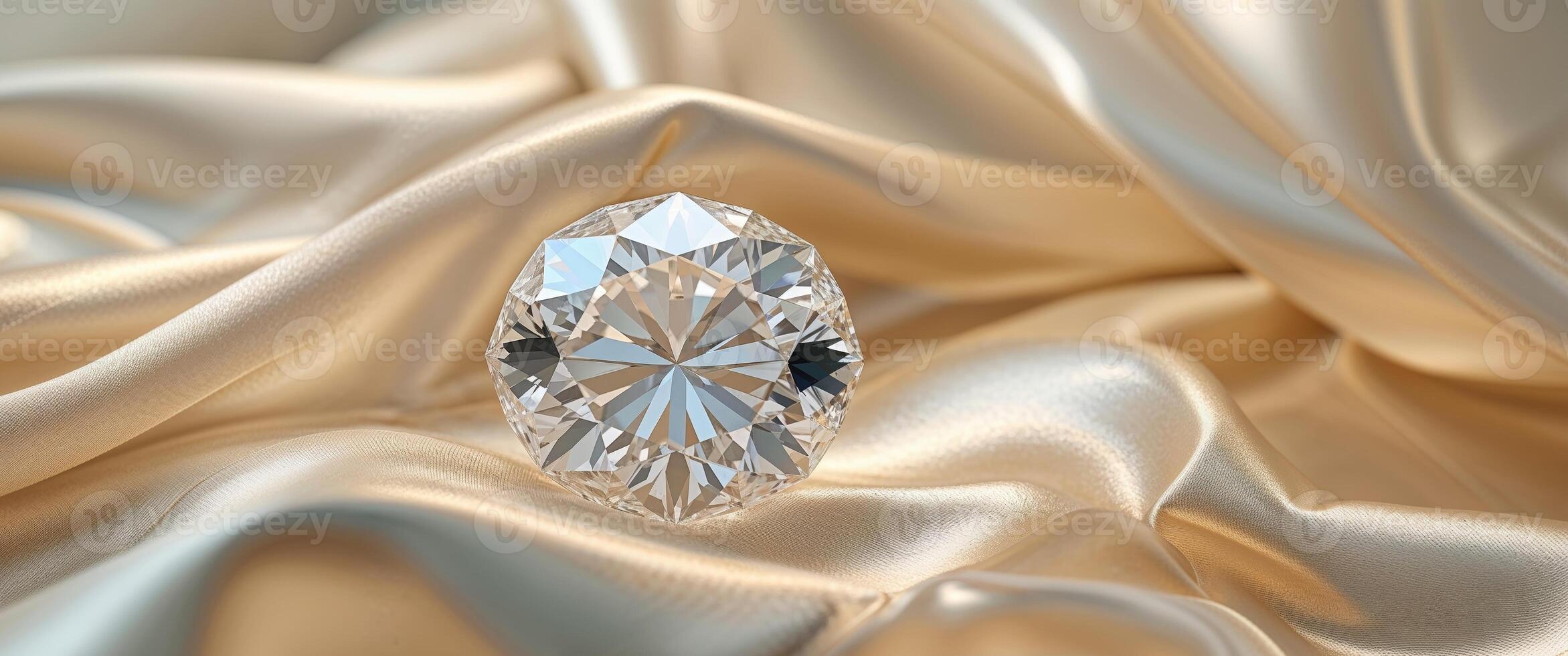 Large clear sparkling diamond resting on soft gold silk fabric. photo