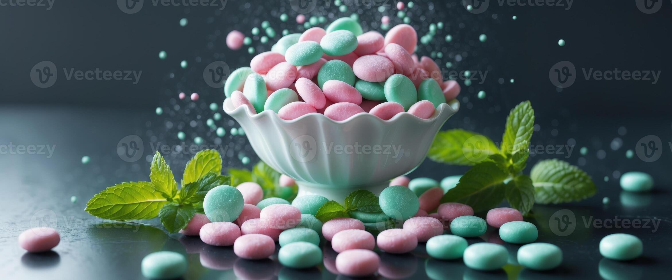 Colorful mint candy in a bowl with refreshing green mint leaves on a dark surface. photo