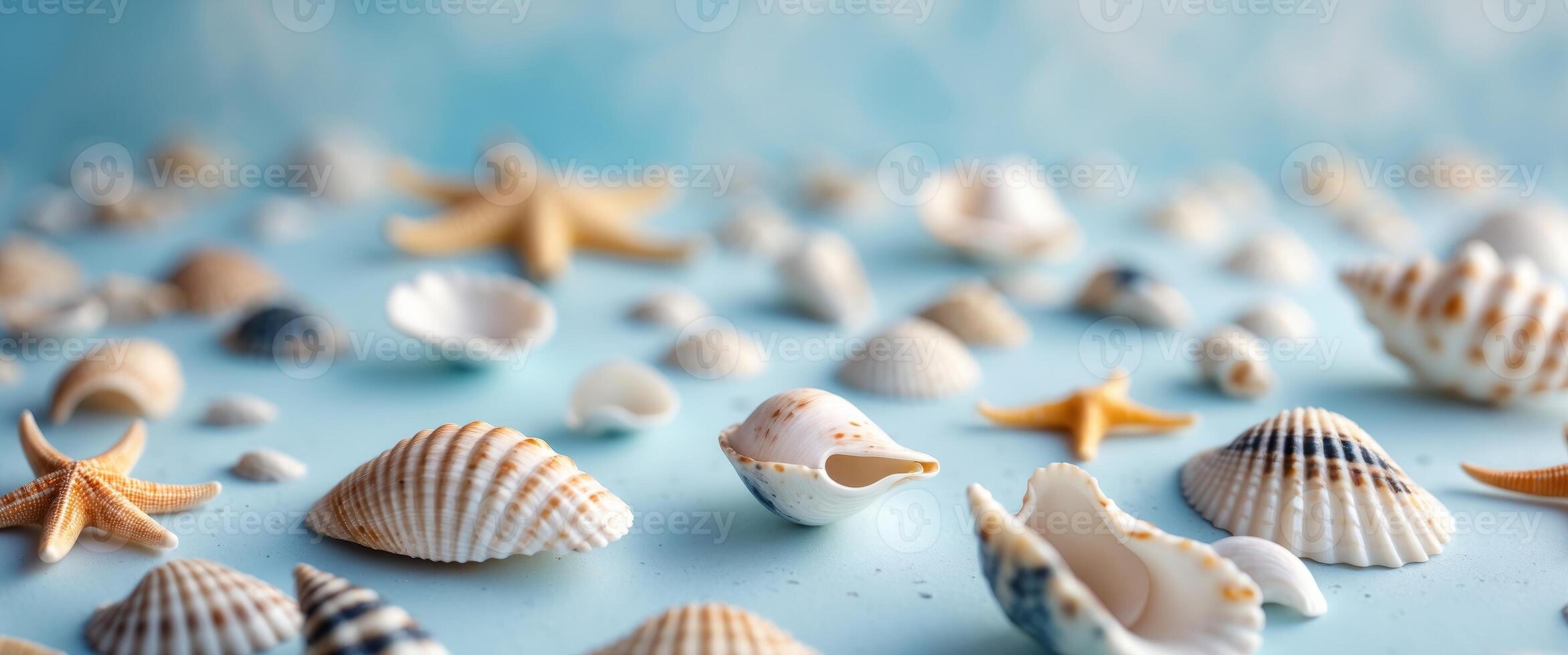 Assorted sea shells and starfish scattered on a light blue surface photo