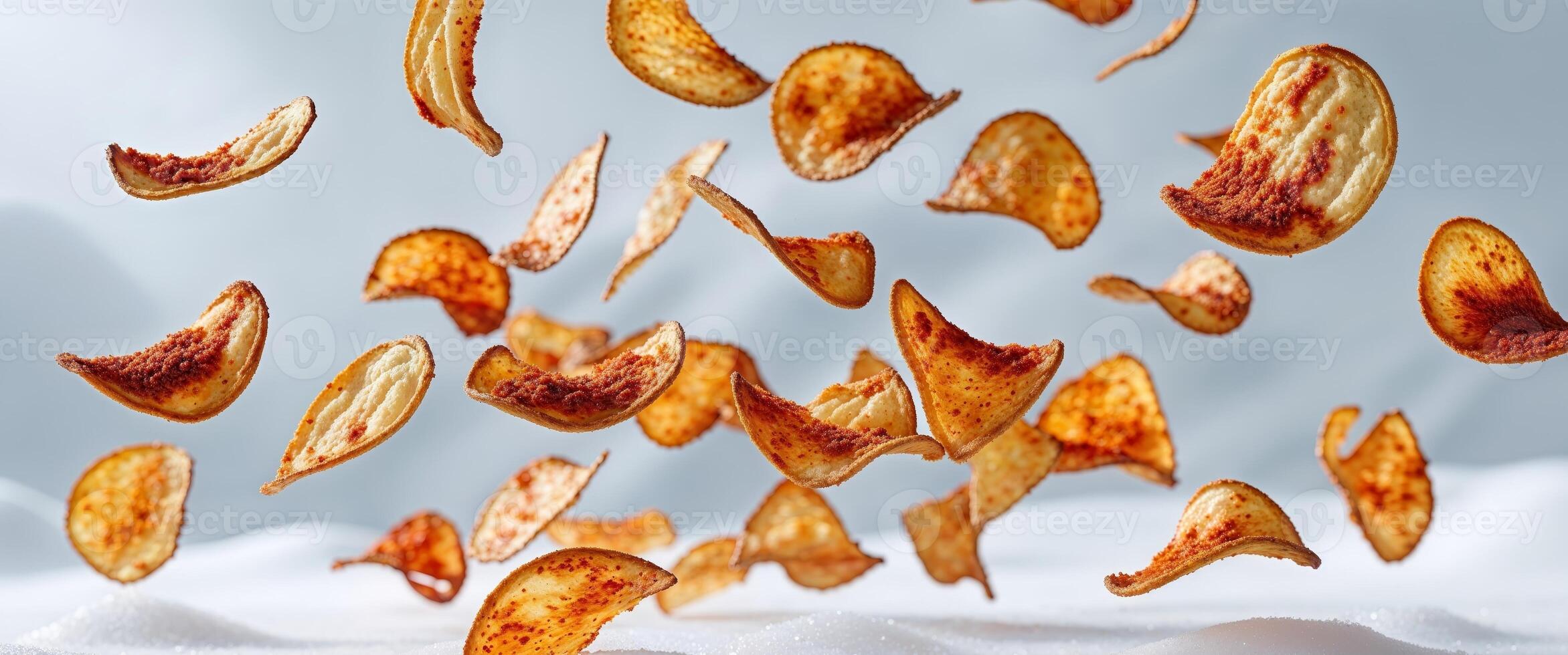 Crispy potato chips with a flavorful spice coating dynamically floating on a white surface photo