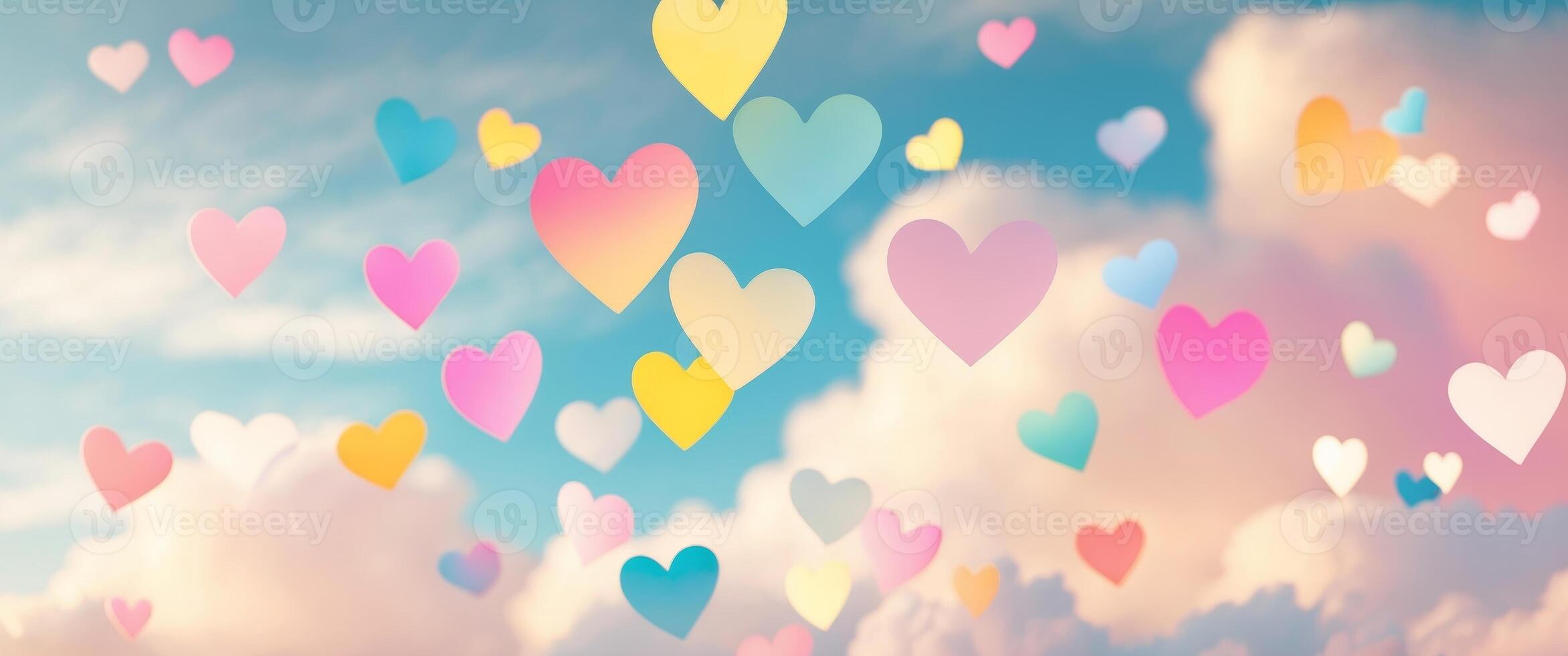 Colorful Floating Hearts in a Dreamy Sky with Soft Clouds and Bright Background. photo