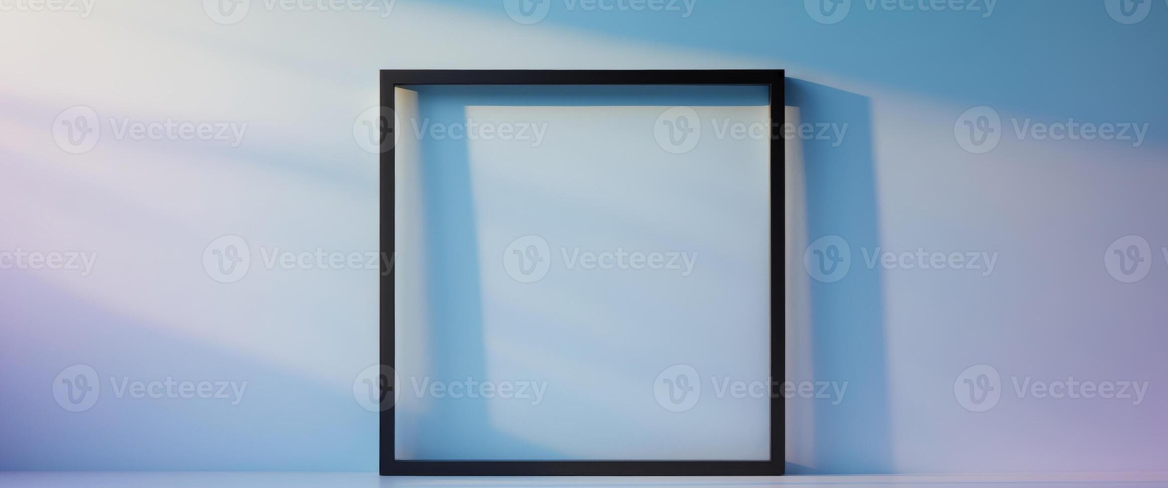 Sleek black metal frame on a gradient pastel blue wall with soft light reflections. photo