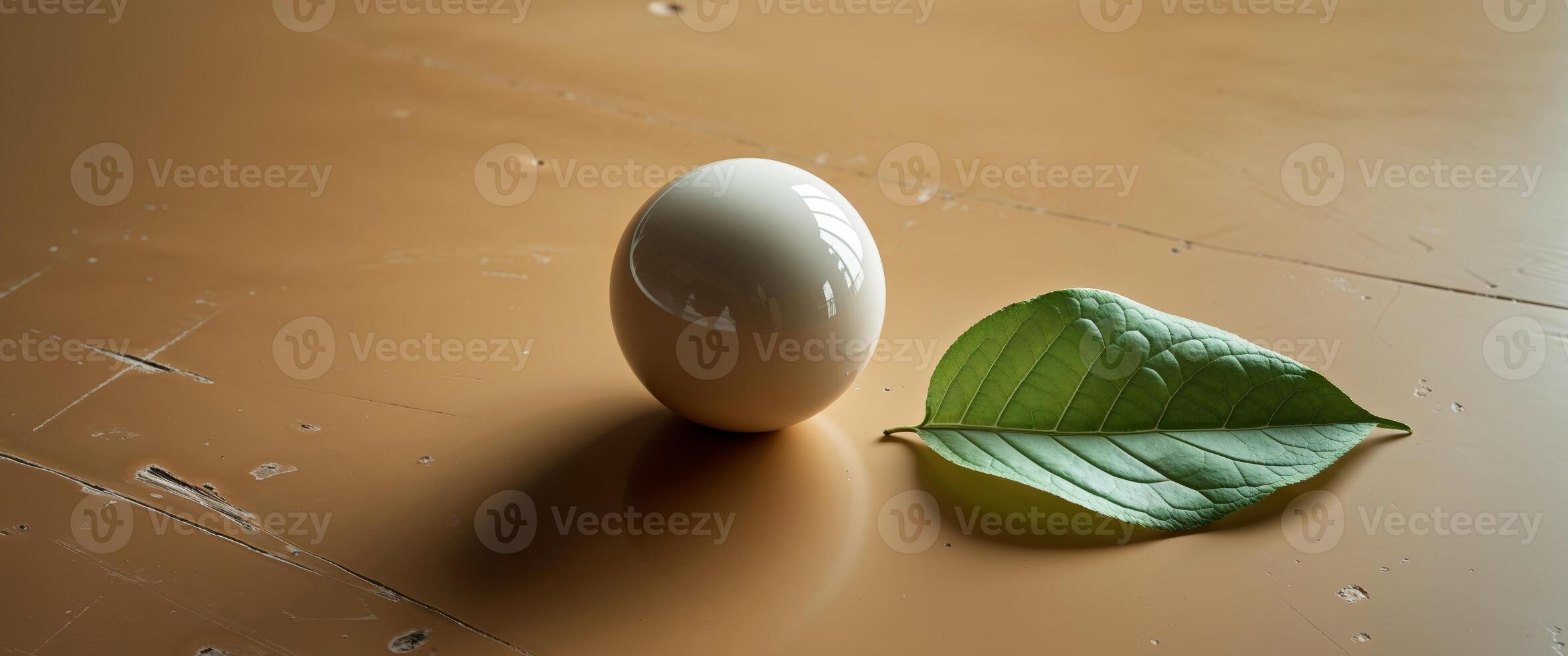 Sphere with leaf reflection on wooden surface photo