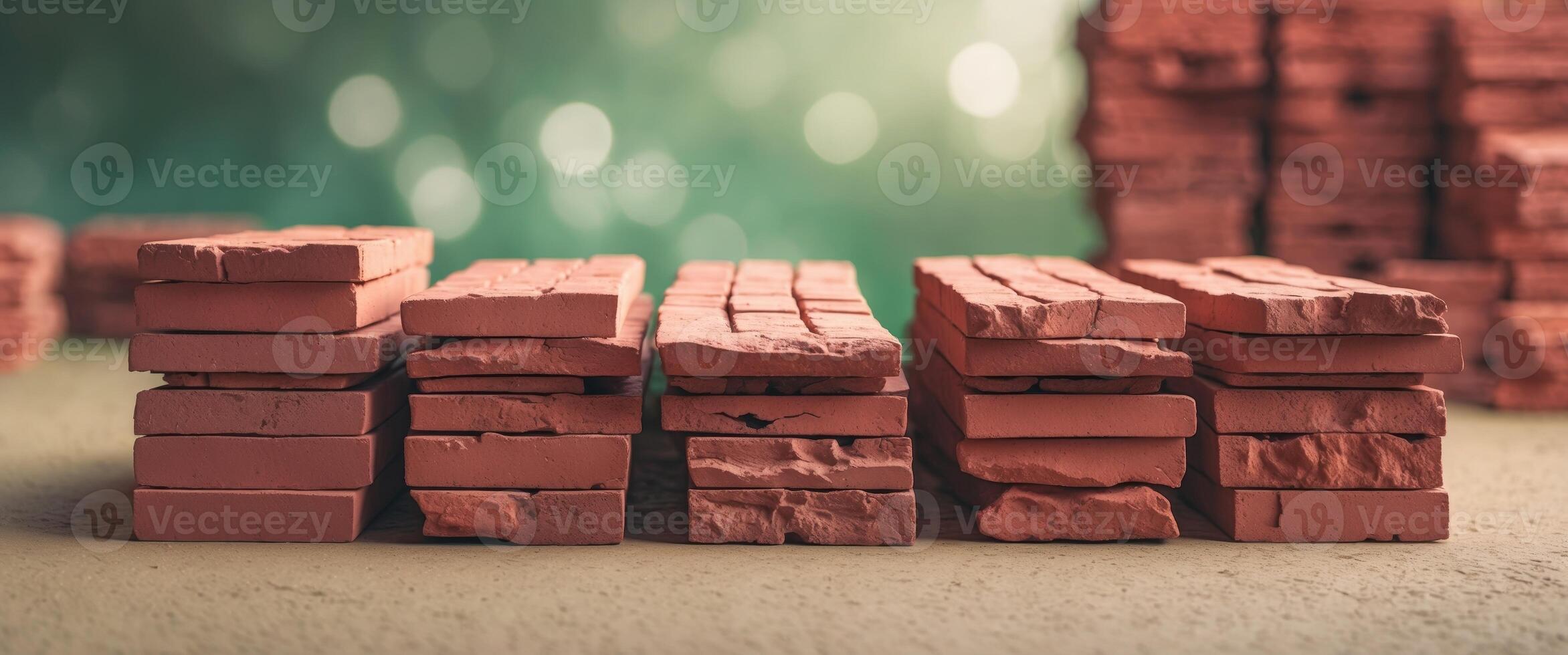 Stacked Red Clay Bricks on a Soft Ground Under Natural Light with Blurry Green Background photo