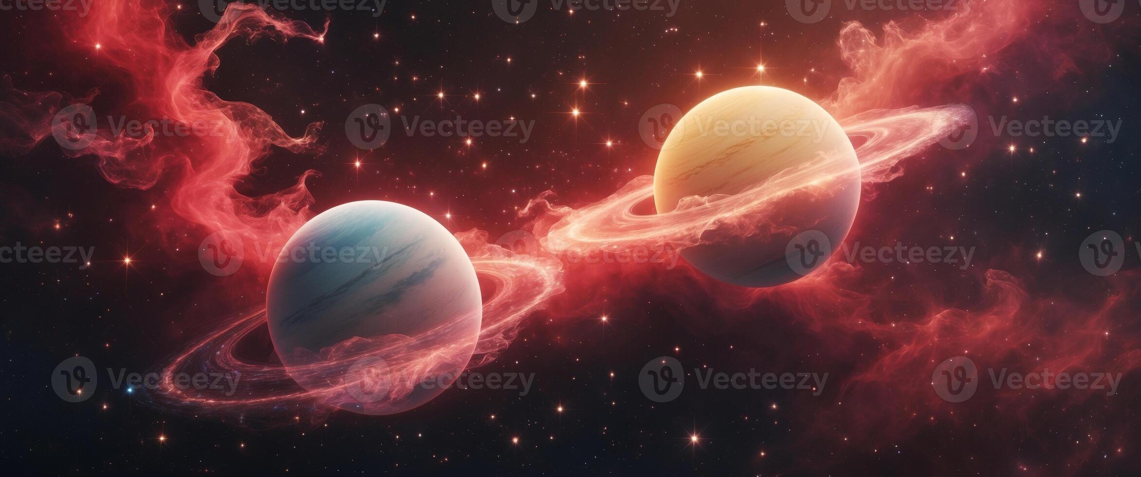 Two glowing planets engulfed in red nebula clouds with stars in the background. photo