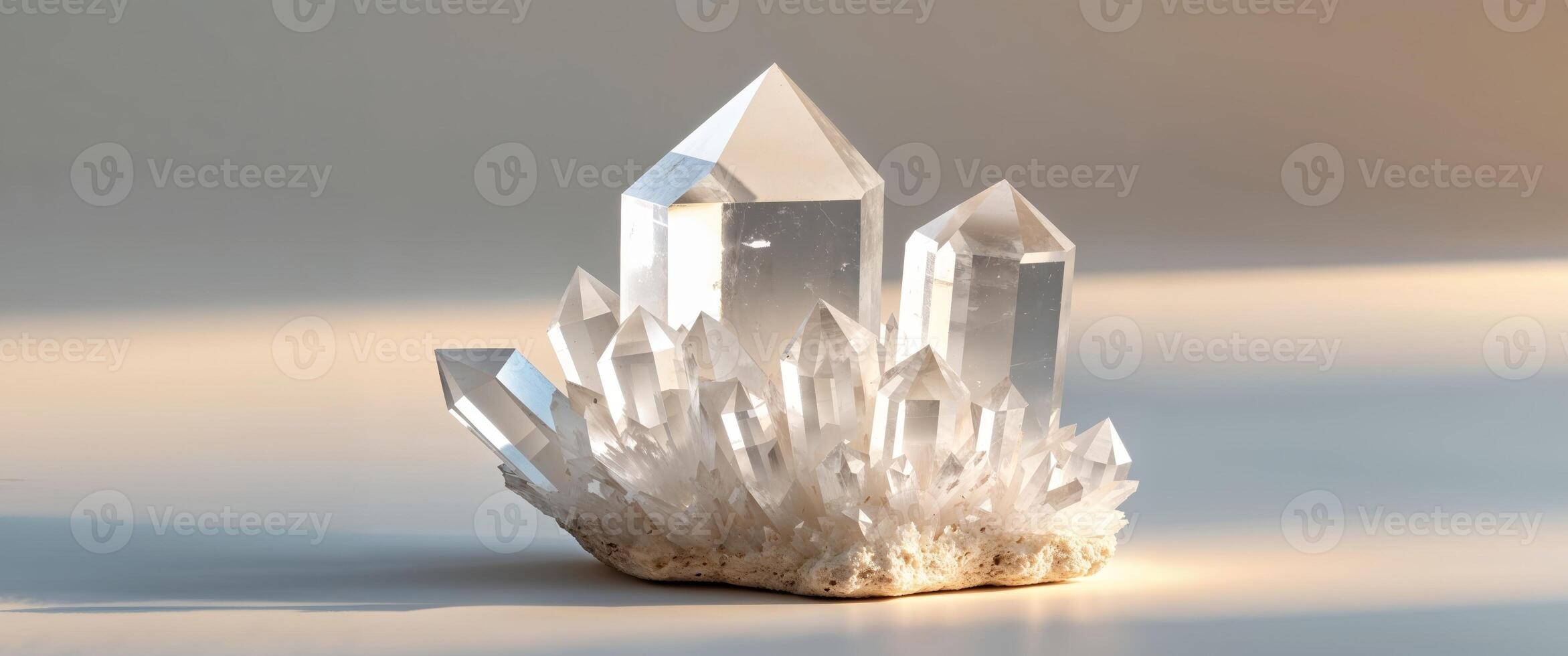 Elegant Cluster of Clear Quartz Crystals Under Sunlight Displaying Sharp Edges. photo