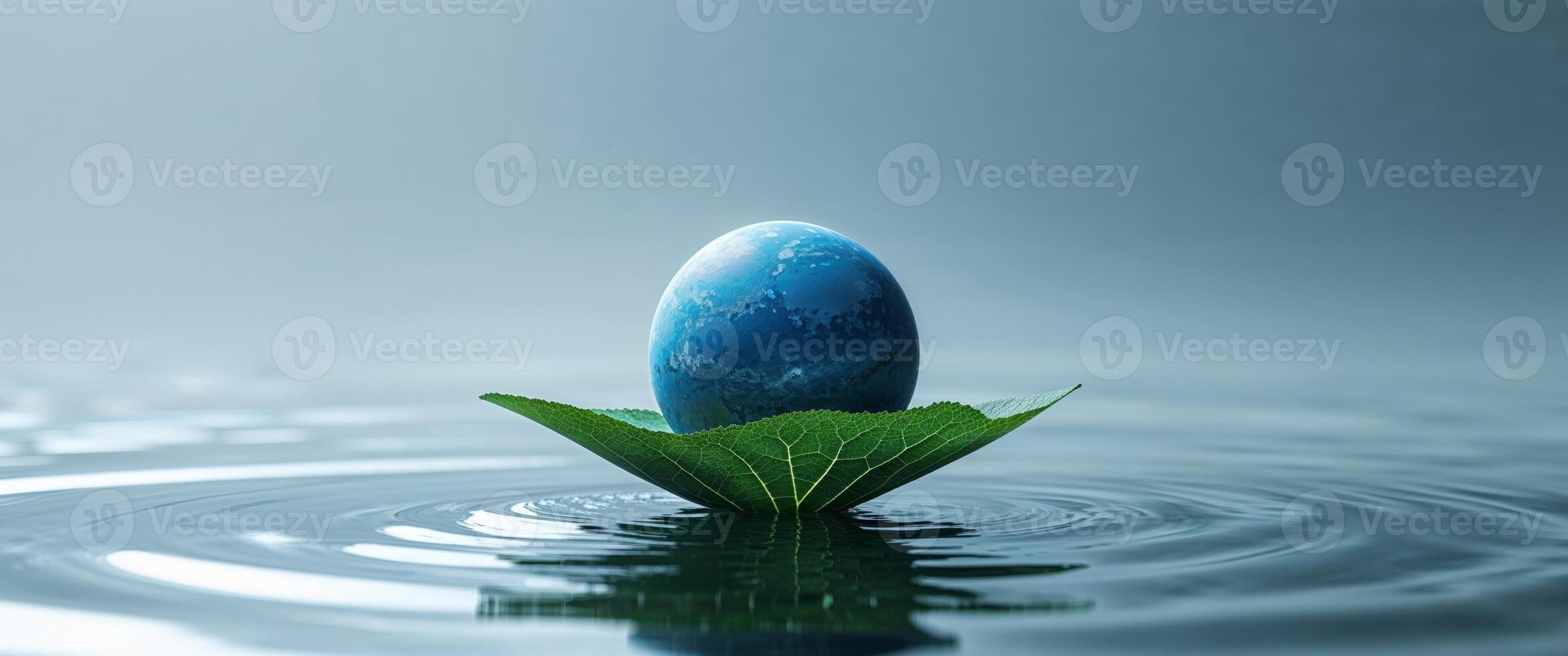 A blue planet with a leaf on top of it is surrounded by water photo