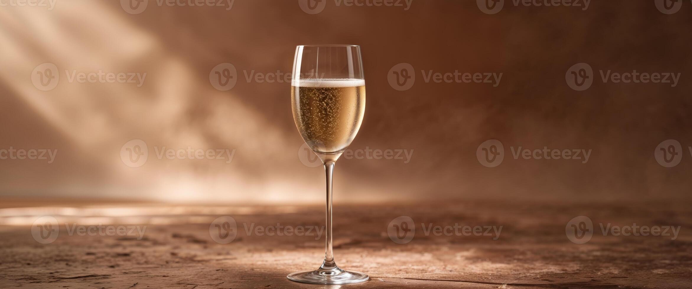 Elegant Champagne Glass on Textured Brown Floor with Soft Shadows Ideal for Festive Backgrounds and Copy Space for Text Integration photo