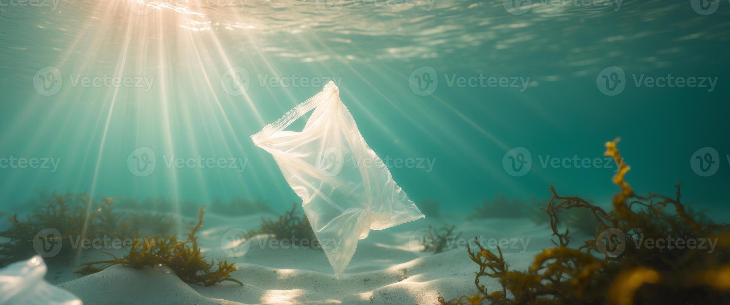Underwater view of a plastic bag with light rays penetrating through ocean waters photo