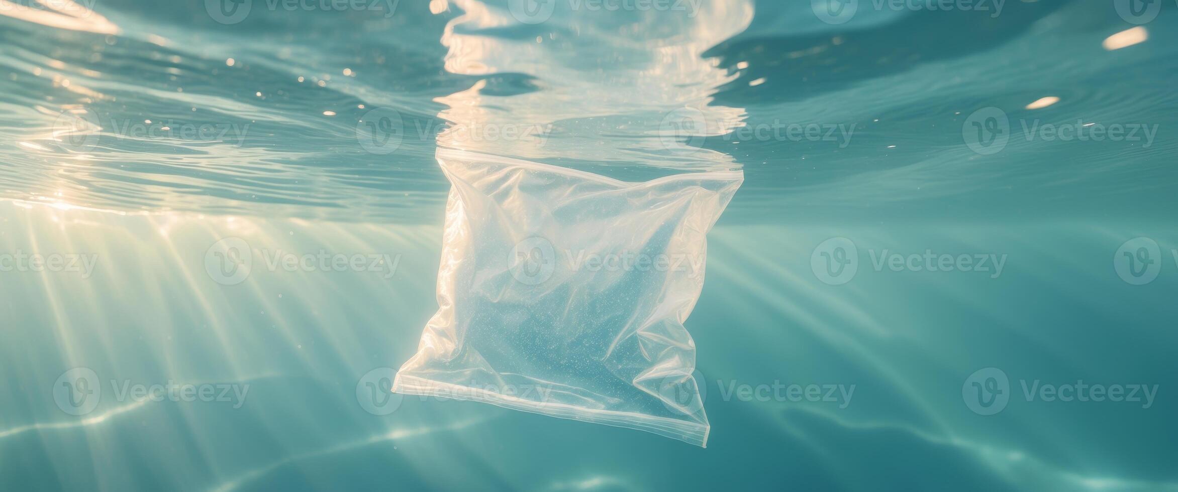 Underwater view of a plastic bag with light rays penetrating through ocean water. photo