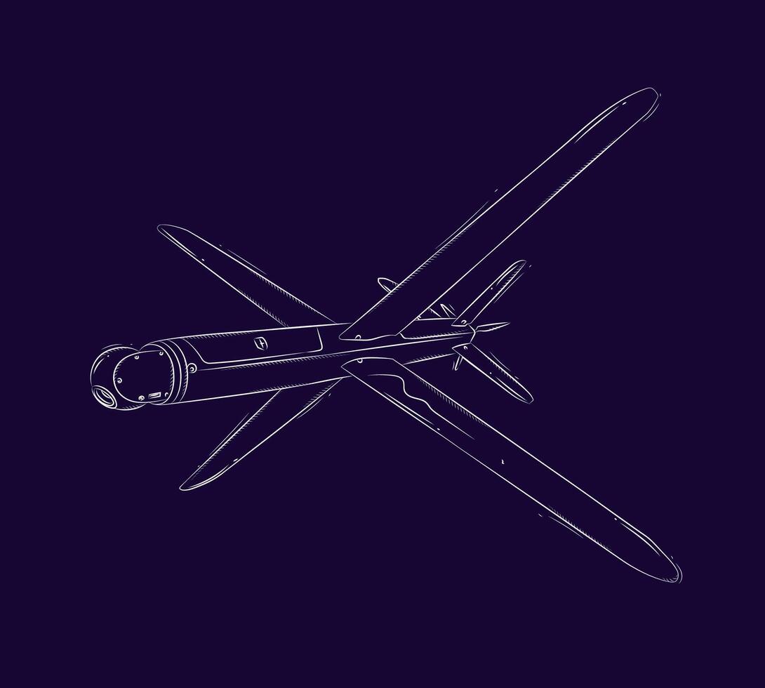 Military FPV drone with camera and wings drawn in white on blue background vector
