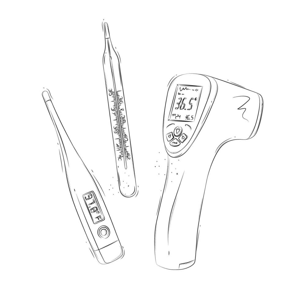 Thermometer different types regular, contactless, electronic composition for medical purposes drawing in graphic style on white background vector