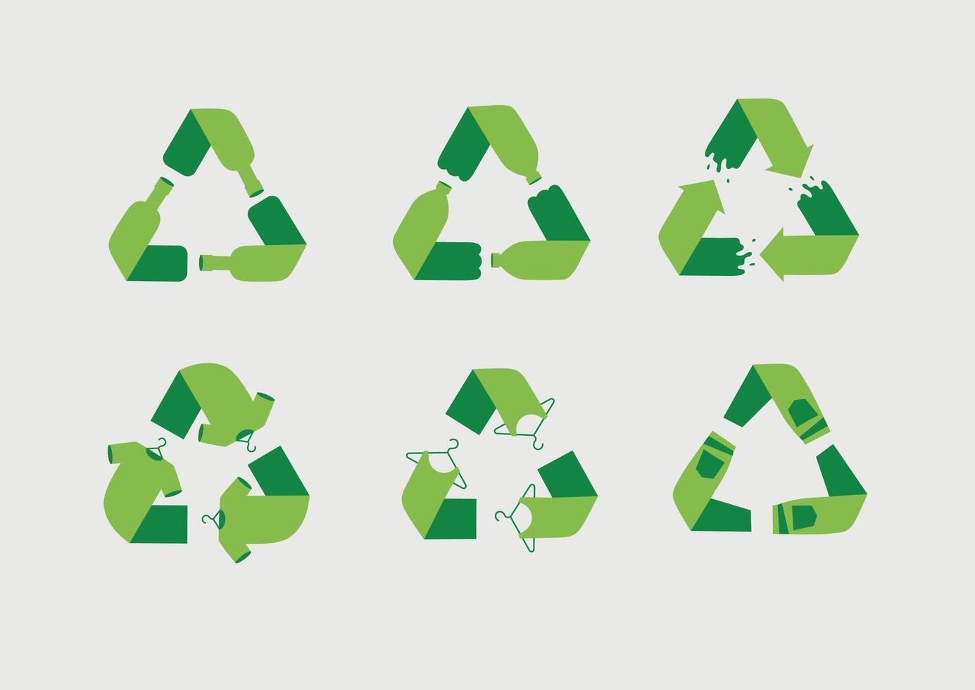 Waste, plastic, clothes recycling symbols drawing with green on white background. vector