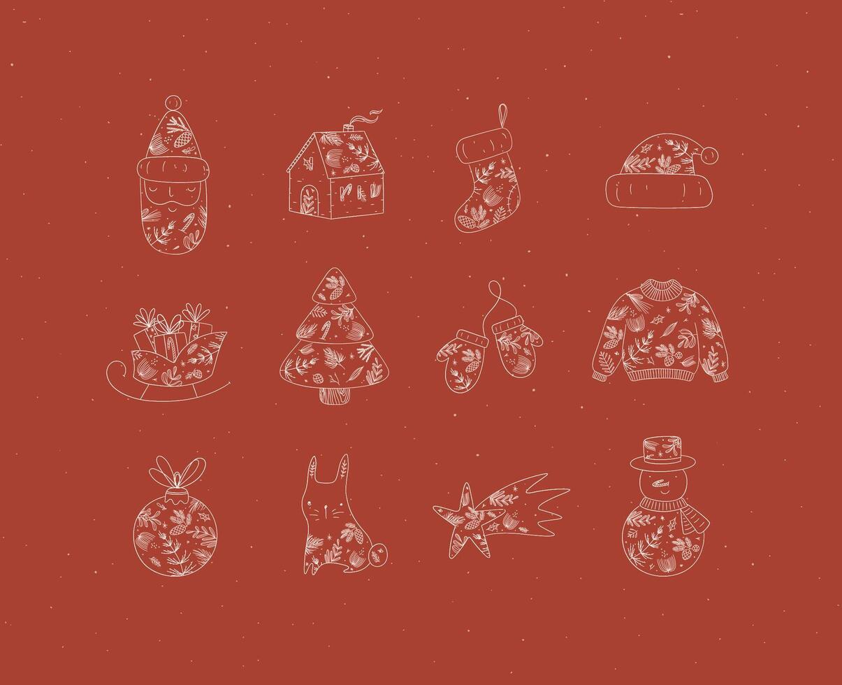 Christmas symbol collection with santa, house, sock, hat, sleigh, gifts, tree, gloves, sweater, tree toy, rabbit, star snowman drawing in floral art style on red background vector