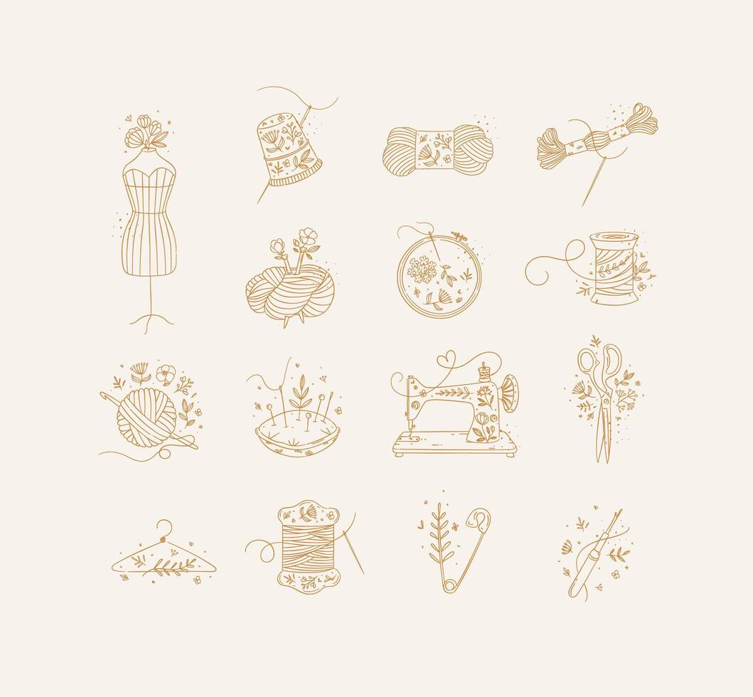 Sewing item icons scissors, mannequin, pin, thimble, wool, threads, yarn, skein, bobbin, pillow, sewing machine, hanger, embroidery circle hook drawing in floral style with beige on light bg vector