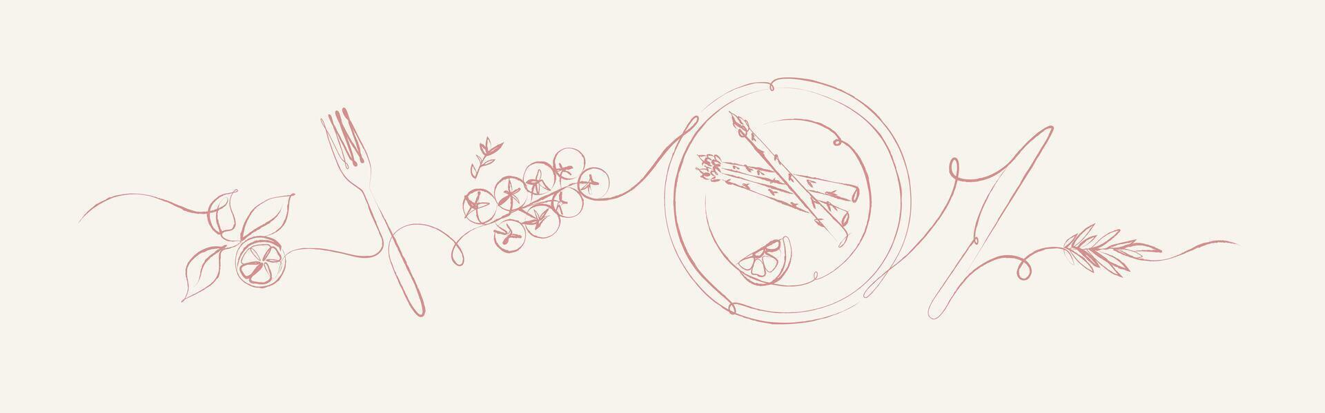 Vegetables linear silhouette illustration with lemon, fork, tomatoes, plate, asparagus, rosemary, knife drawing on beige background vector