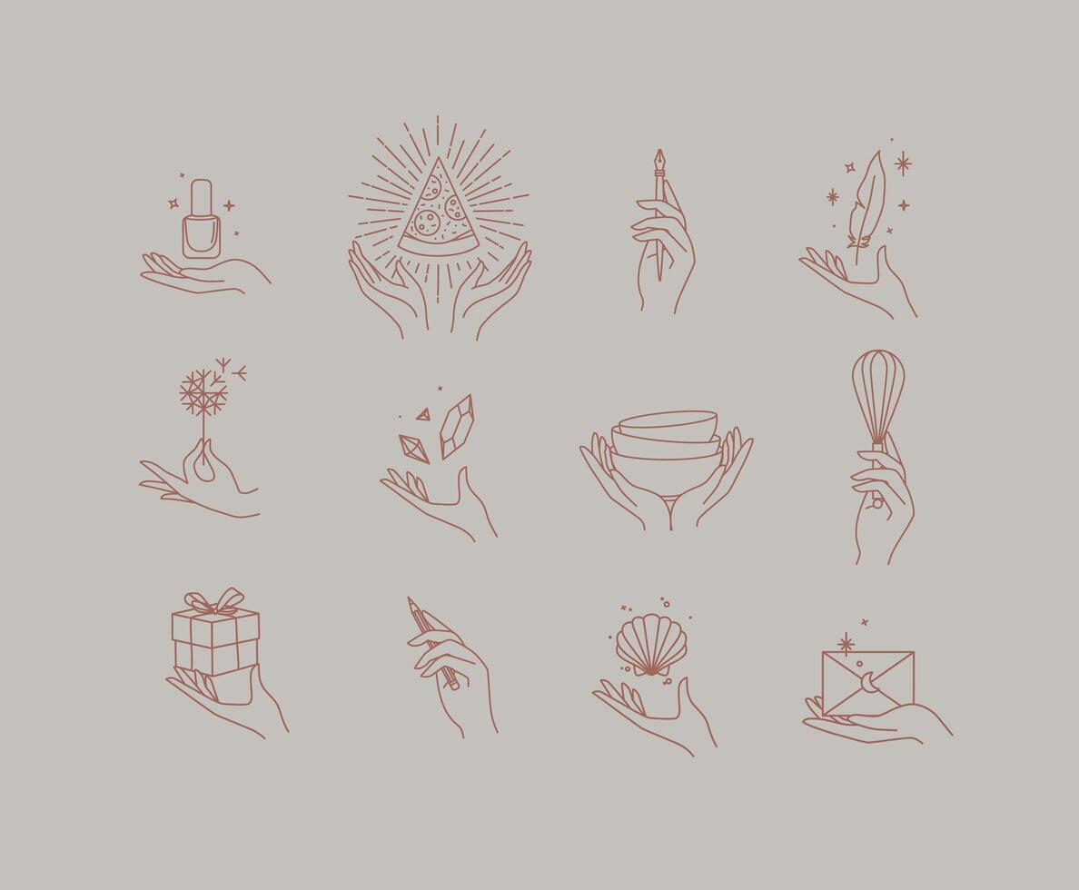 Hands with elements nail polish, pizza, pen, ink, feather, dandelion, crystal, bowl, dishes, whisk, box, pencil, seashell, envelope drawing in linear style on beige background vector