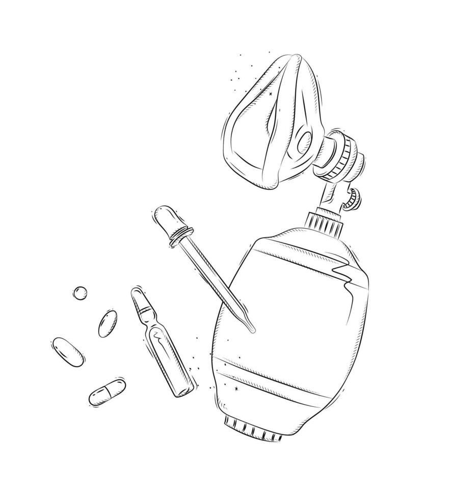 Ambu bag, pipette and pills composition drawing in graphic style on white background vector