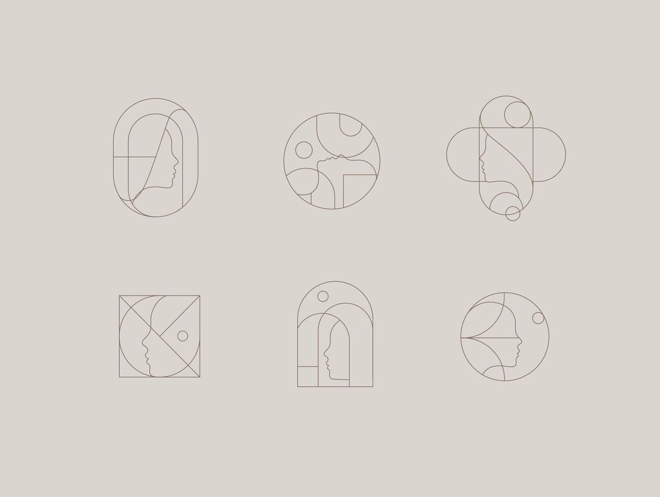 Female silhouettes drawing in minimalist linear art style on beige background. vector