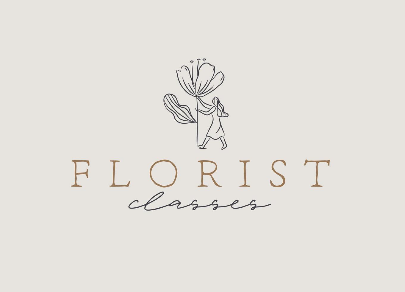 Girl with big flower lettering florist classes drawing on beige background vector