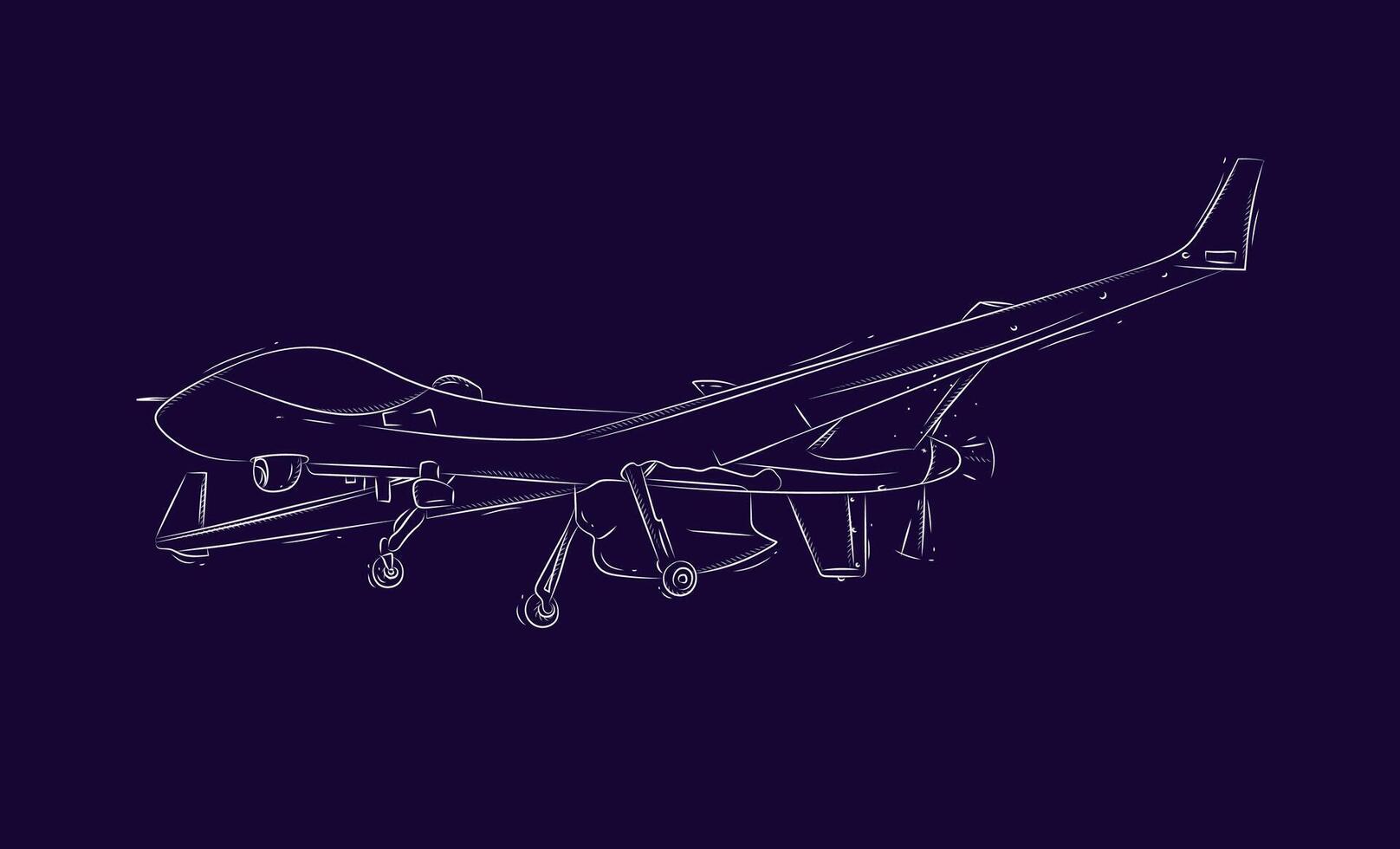 Large airborne reconnaissance armed drone drawn in white on blue background vector