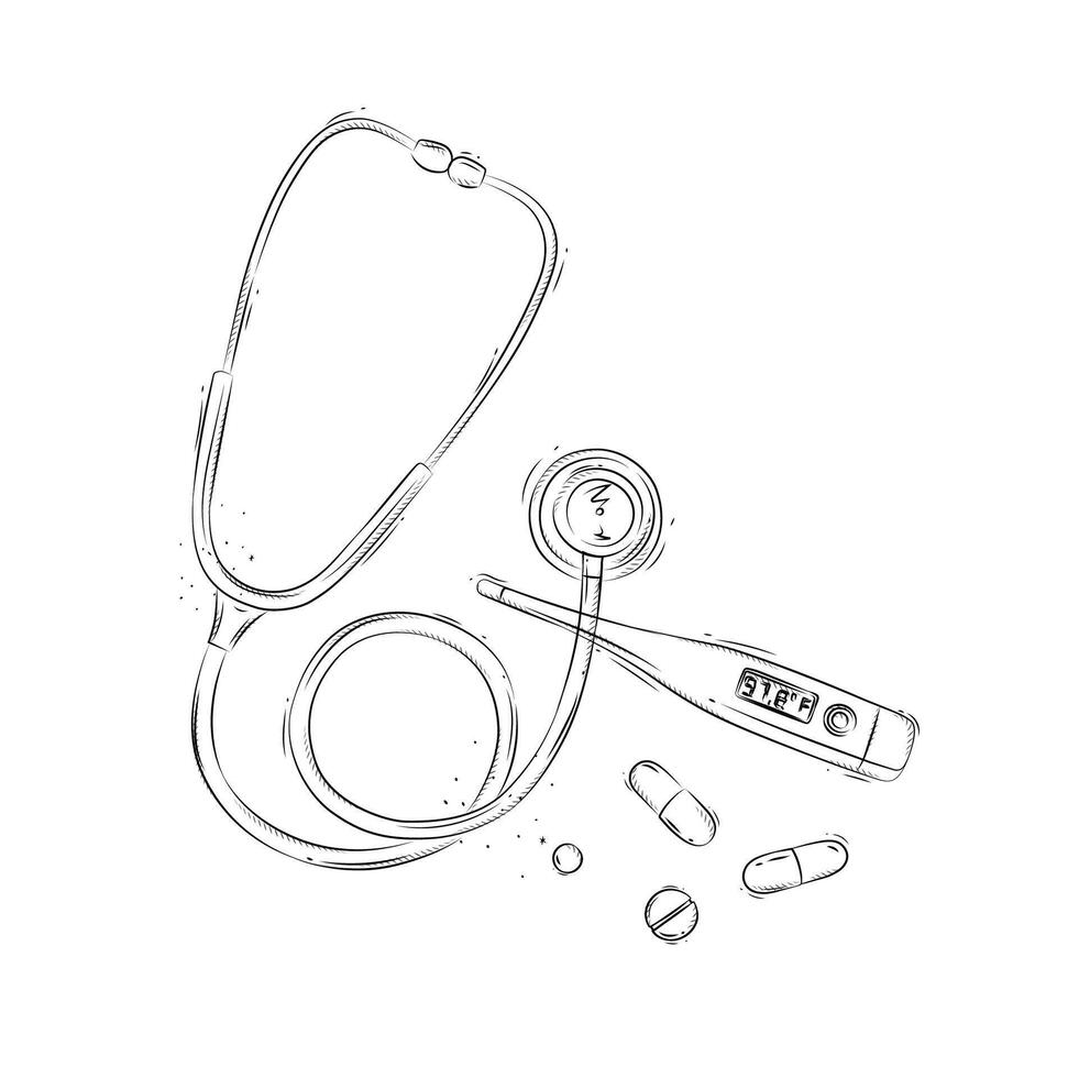 Stethoscope, electronic thermometer and pills composition for medical purposes drawing in graphic style on white background vector