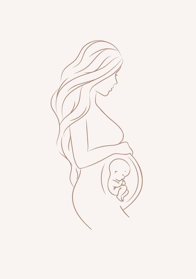 Pregnant woman with a baby drawing in linear style on beige background vector